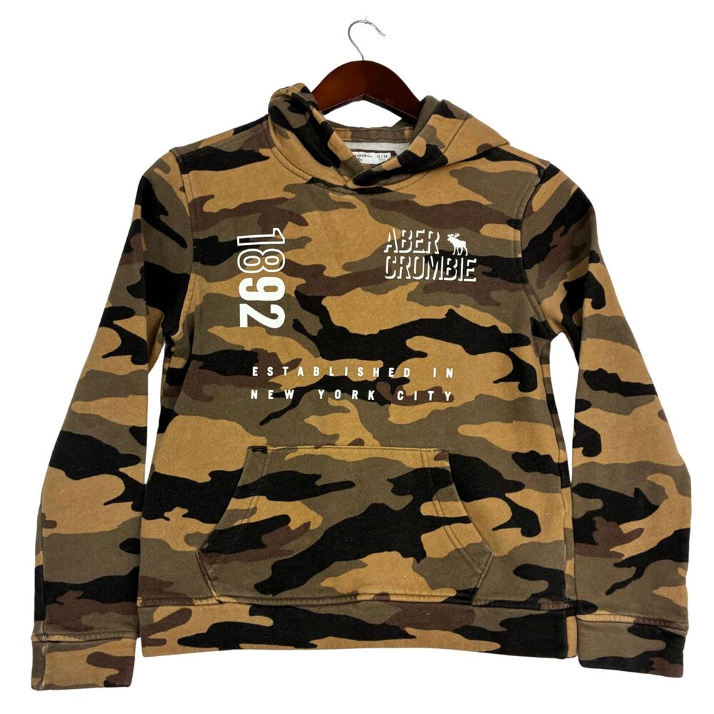 Abercrombie Kids Boys 13/14 Camo Pullover Hoodie 1892 Logo Brown Camouflage